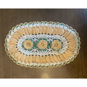 vintage handmade crocheted oval doily flowers ruffles peach green ivory 11"